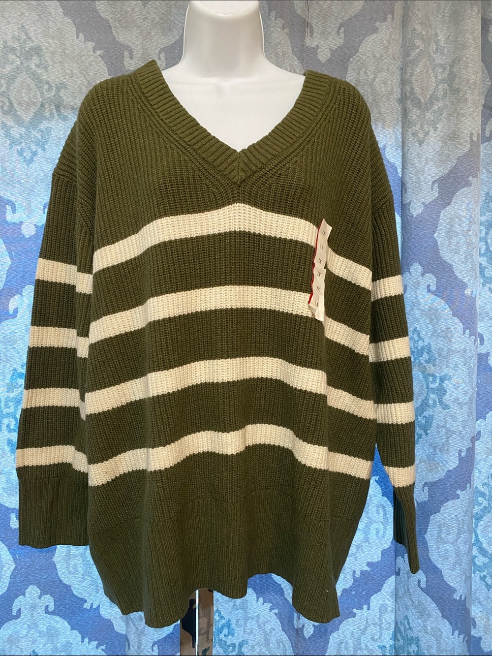 Olive Green Striped V-Neck Sweater - woman’s